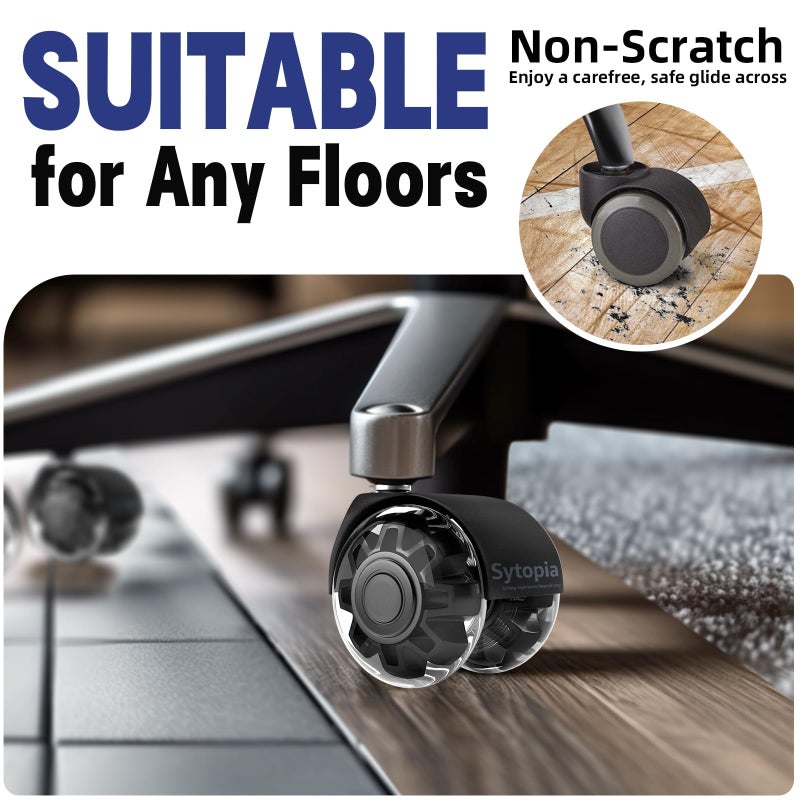 Sytopia Office Chair Caster Wheels Set of 5 Heavy Duty & Safe for All Floors Including Hardwood 2"" Rubber Replace Office Chair Mat  Universal Standard Stem Size Fits 99%-Black - Image 2